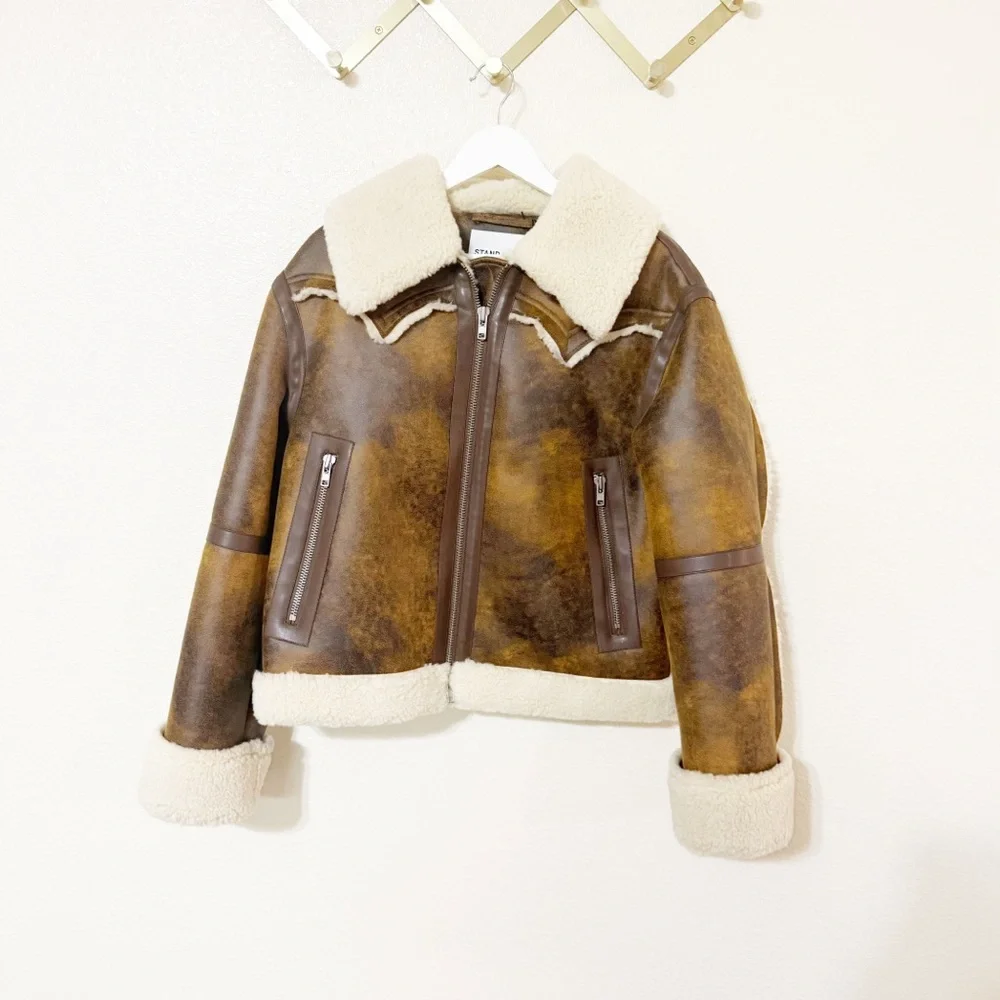 Stand Studio Lessie Faux Leather & Shearling Brown Cream Jacket size 36/US 4 NEW - Picture 7 of 12